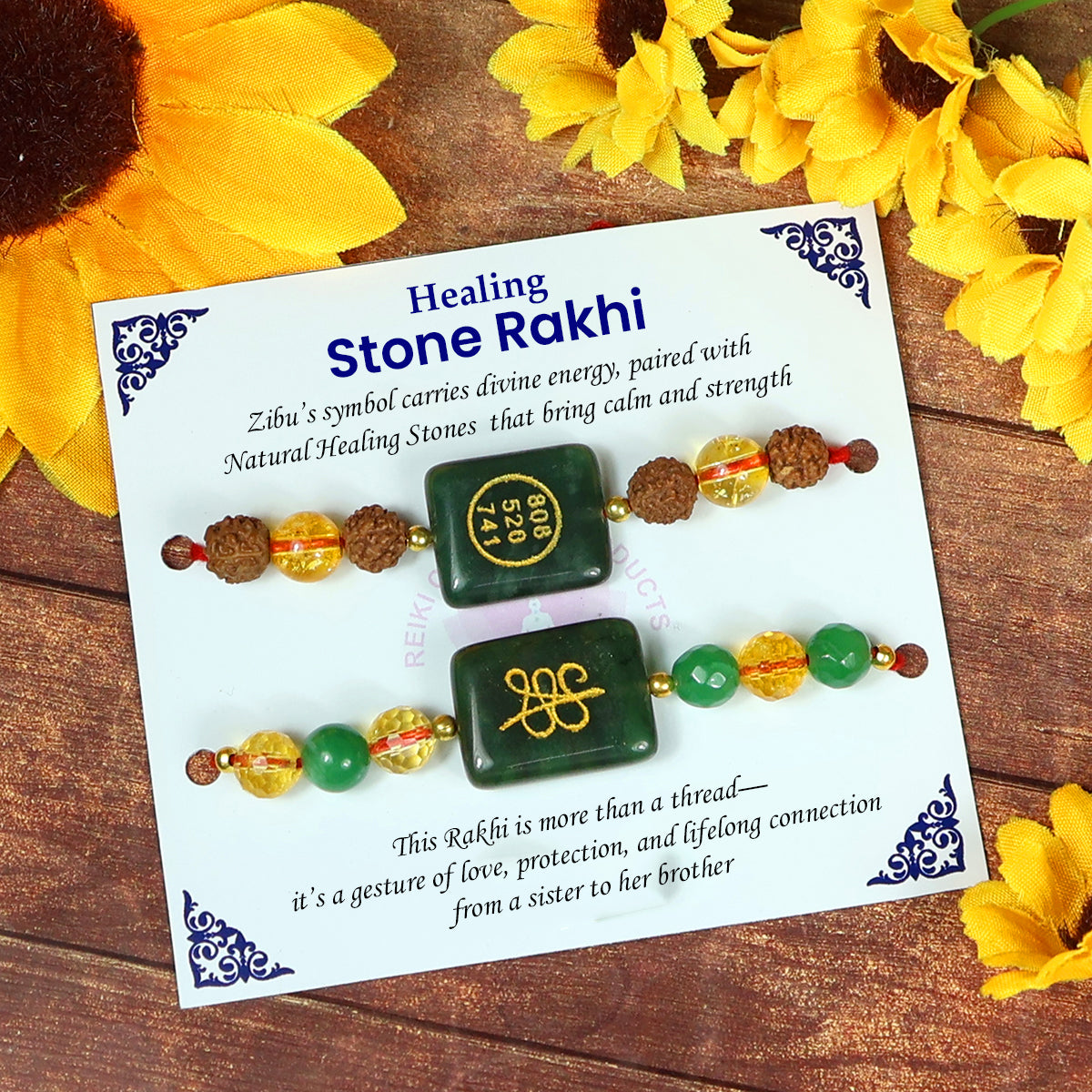Natural Crystal Stone Citrine, Rudraksha with Green Aventurine Jade Zibu Coin Money Magnet Combo Rakhi Set (2 Pc) for Brother | Reiki Energized Raksha Bandhan Rakhi for Prosperity, Success & Good Luck