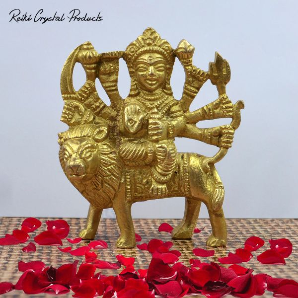 Brass Sherawali Maa Durga Statue Idol for Home Temple, Pooja Room & Spiritual Decor | Premium Brass Durga Mata Murti for Navratri, Diwali & Gifting | Height 7.6 cm | Weight 290 Gram