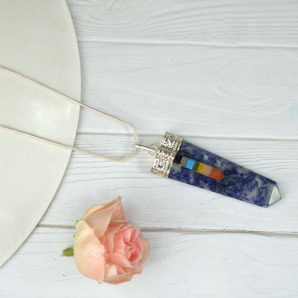 Natural Crystal Stone 7 Chakra Flat Stick Pendant Size 45-50 mm with Metal Chain