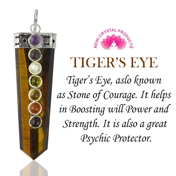 Tiger Eye Flat Stick 7 Chakra Beads Pendant with Metal Chain
