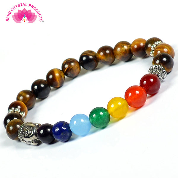 Natural Crystal Stone 7 Chakra Buddha Head Charm 8 mm Bracelet