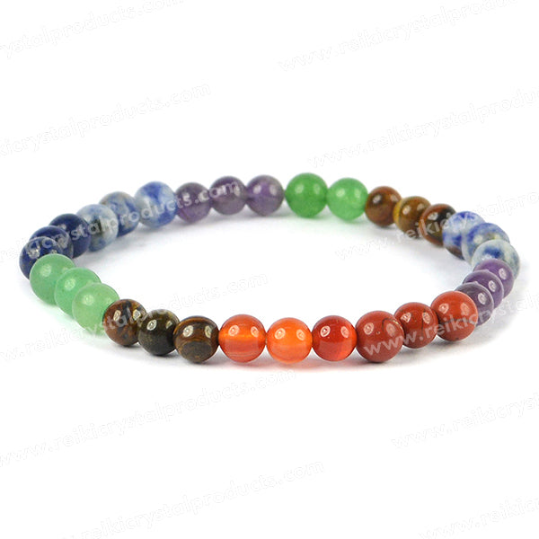 7 Chakra Bracelet 6 mm Round Beads – Amethyst, Sodalite, Lapis Lazuli, Green Aventurine, Tiger Eye, Carnelian & Red Jasper for Chakra Healing