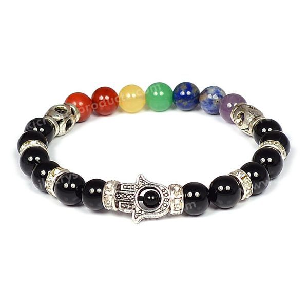 Natural Crystal Stone 7 Chakra Hamsa Charm 8 mm Bracelet