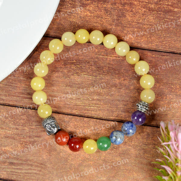 Natural Crystal Stone 7 Chakra Buddha Head Charm 8 mm Bracelet
