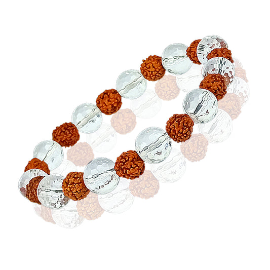Natural Rudraksha with Clear Quartz (Sphatik) Faceted 10 mm Bracelet