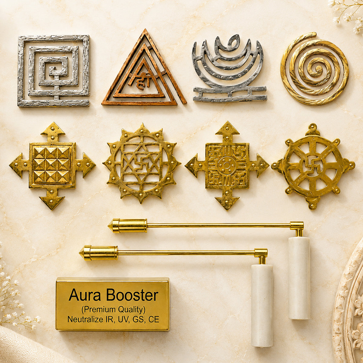 10 Pcs Vastu Tool Combo 15 cm 6 Inch with Direction Helix Brass Vastu Tools L Rods and Aura Booster