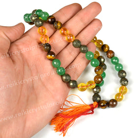 Natural Wealth & Prosperity Crystal Mala 10 mm Faceted Beads | Citrine, Green Aventurine, Pyrite & Tiger Eye Dhan Yog Combination Mala
