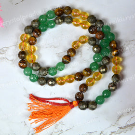 Natural Wealth & Prosperity Crystal Mala 10 mm Faceted Beads | Citrine, Green Aventurine, Pyrite & Tiger Eye Dhan Yog Combination Mala