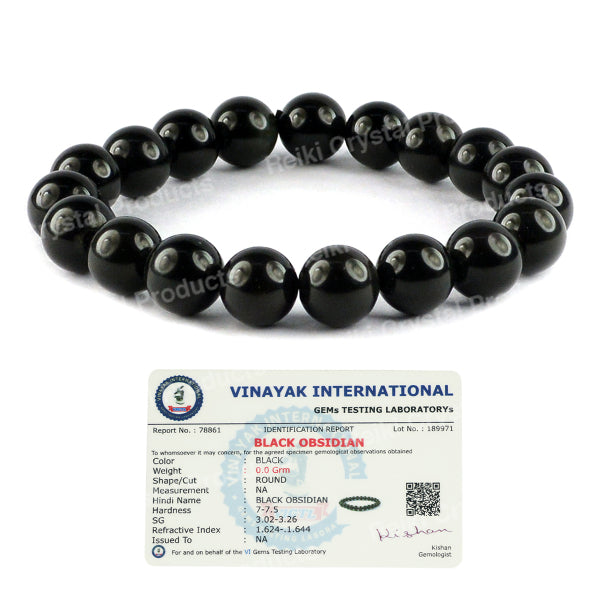 Certified Black Obsidian 10 mm Round Bead Bracelet