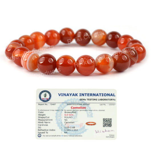 Certified Carnelian 10 mm Round Bead Bracelet