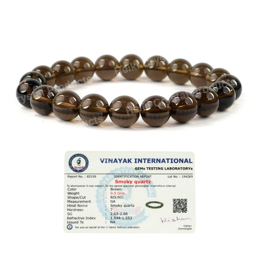 Certified Smoky Quartz 10 mm Round Bead Bracelet
