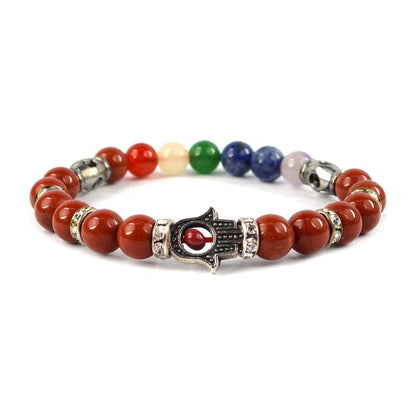 Natural Crystal Stone 7 Chakra Hamsa Charm 8 mm Bracelet