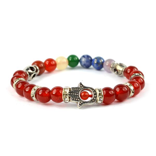 Natural Crystal Stone 7 Chakra Hamsa Charm 8 mm Bracelet