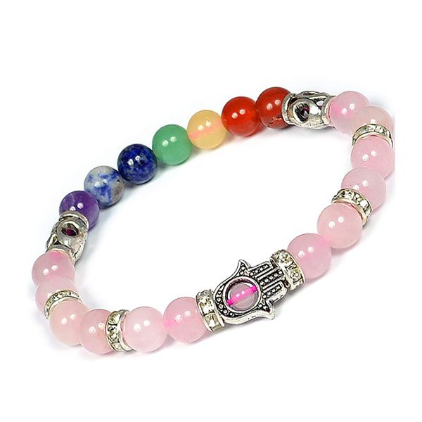 Natural Crystal Stone 7 Chakra Hamsa Charm 8 mm Bracelet