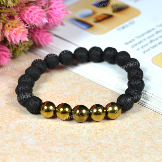 Pyrite With Lava 8mm Beads Bracelet Energized By Reiki Grand Master