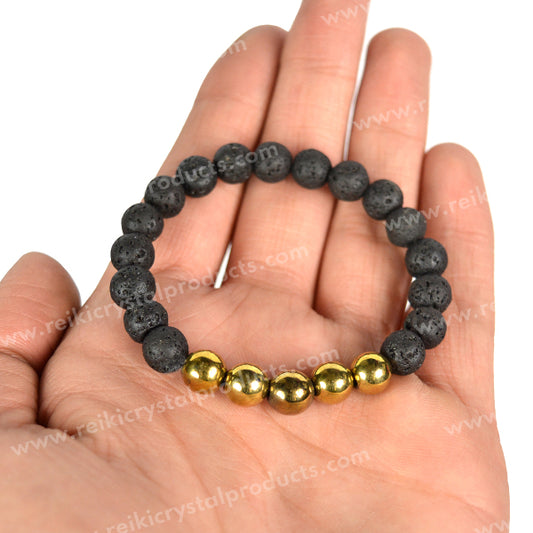 Pyrite With Lava 8mm Beads Bracelet Energized By Reiki Grand Master