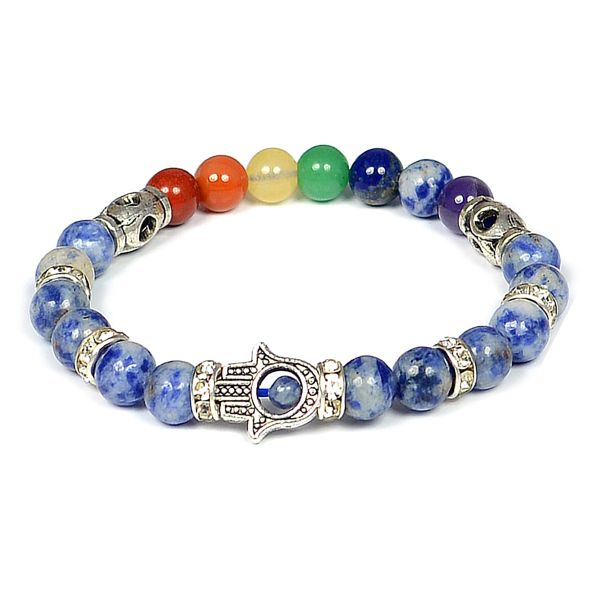 Natural Crystal Stone 7 Chakra Hamsa Charm 8 mm Bracelet