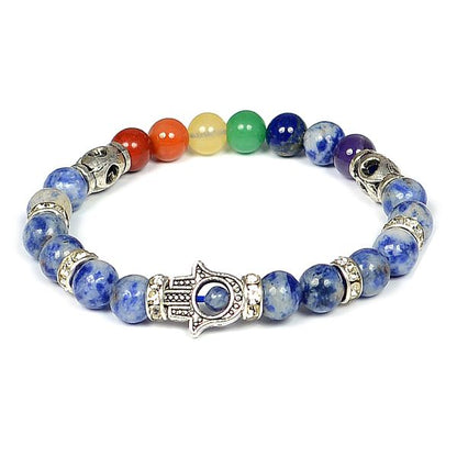Natural Crystal Stone 7 Chakra Hamsa Charm 8 mm Bracelet