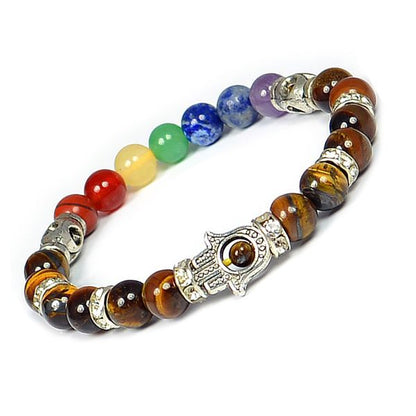 Natural Crystal Stone 7 Chakra Hamsa Charm 8 mm Bracelet
