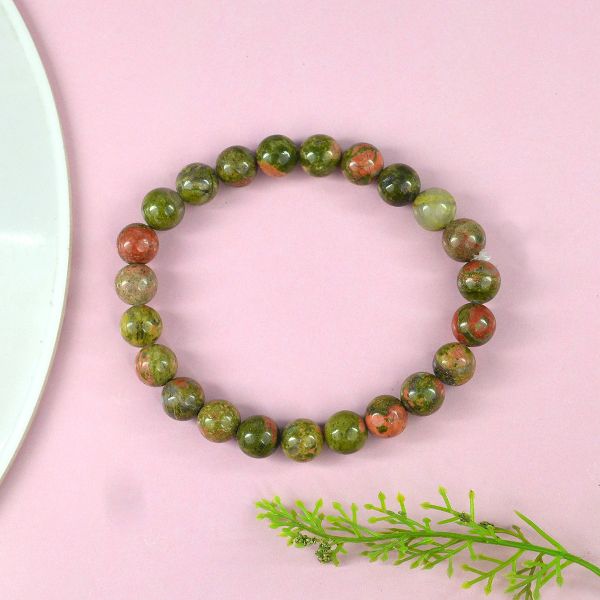 Green Pink Unakite Gemstone Stretch Bracelet for Meditation