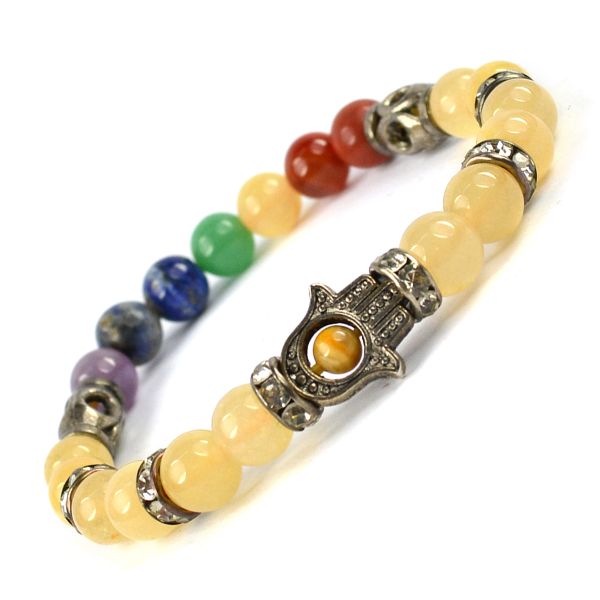 Natural Crystal Stone 7 Chakra Hamsa Charm 8 mm Bracelet