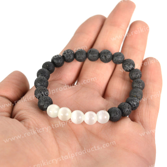 Selenite With Lava 8mm Beads Bracelet Energized By Reiki Grand Master