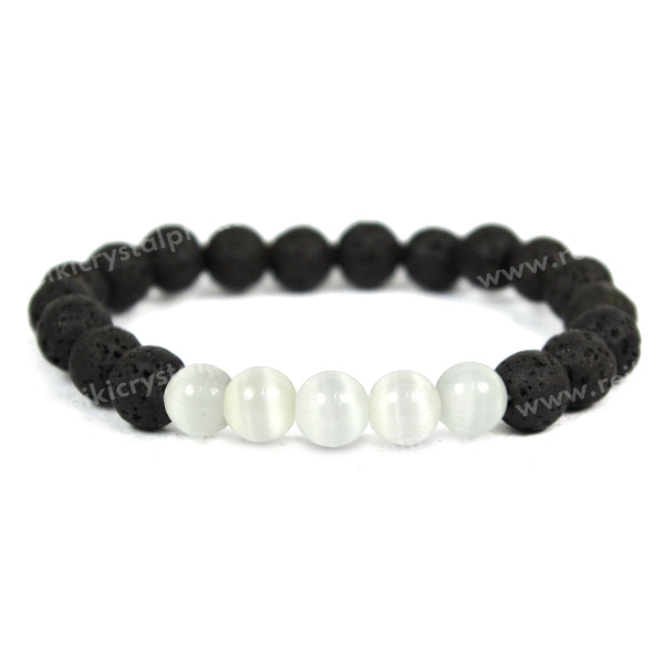 Selenite With Lava 8mm Beads Bracelet Energized By Reiki Grand Master