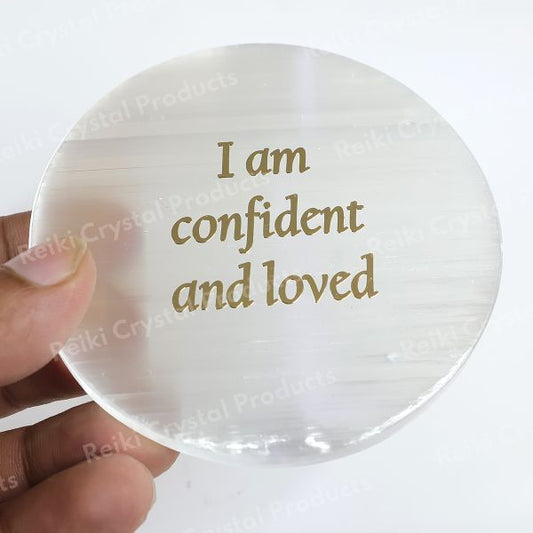 Selenite I am Confident Charging Plate for Reiki Crystal Cleansing Size 7.6 cm (3 inch)