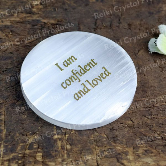 Selenite I am Confident Charging Plate for Reiki Crystal Cleansing Size 7.6 cm (3 inch)