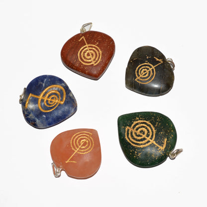 Natural Crystal Stone Reiki Cho Ku Rei Heart Shape Pendant - Locket with Metal Chain