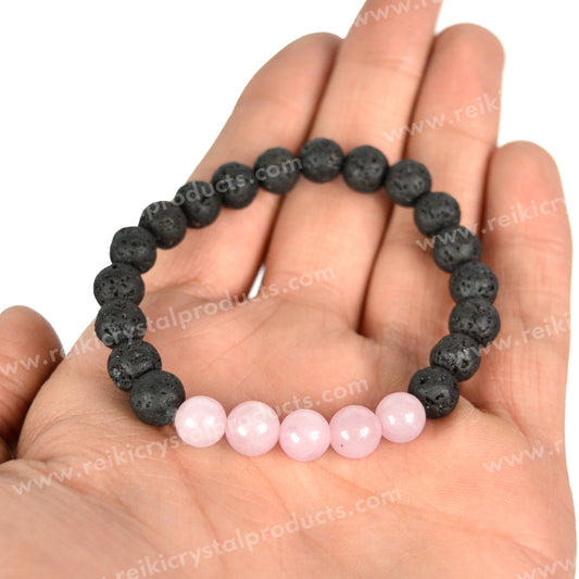 Rose Quartz With Lava 8mm Beads Bracelet Energized By Reiki Grand Master