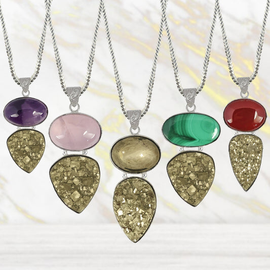 Natural Crystal Stone Pendant - Locket with Metal Chain