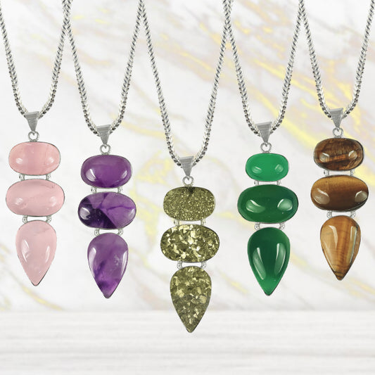 Natural Crystal Stone Pendant - Locket with Metal Chain