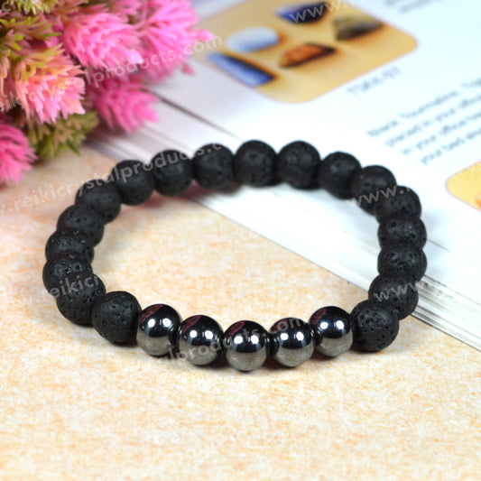 Hematite With Lava 8mm Beads Bracelet Energized By Reiki Grand Master
