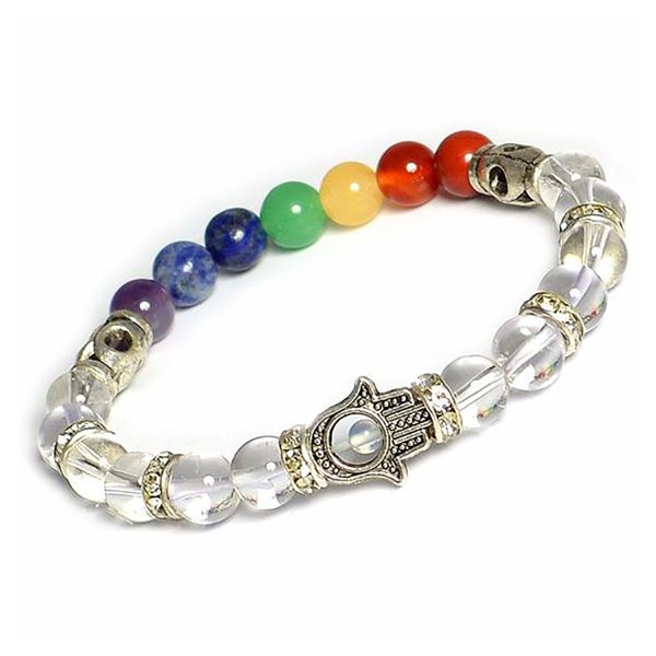 Natural Crystal Stone 7 Chakra Hamsa Charm 8 mm Bracelet