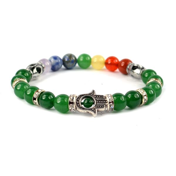 Natural Crystal Stone 7 Chakra Hamsa Charm 8 mm Bracelet