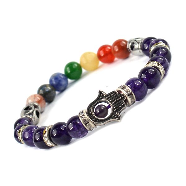 Natural Crystal Stone 7 Chakra Hamsa Charm 8 mm Bracelet