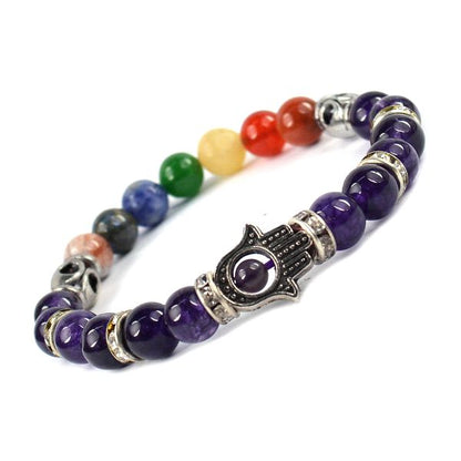 Natural Crystal Stone 7 Chakra Hamsa Charm 8 mm Bracelet