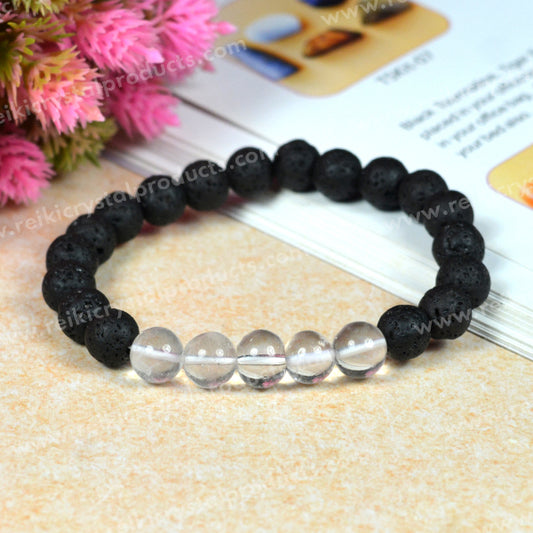 Clear Quartz With Lava 8mm Beads Bracelet Energized By Reiki Grand Master
