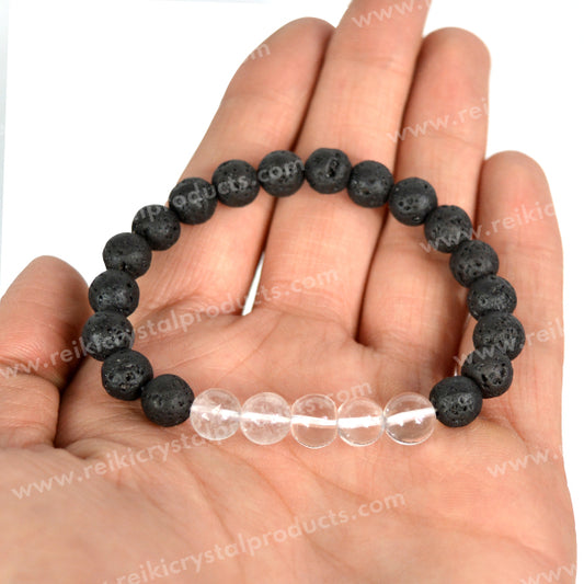 Clear Quartz With Lava 8mm Beads Bracelet Energized By Reiki Grand Master