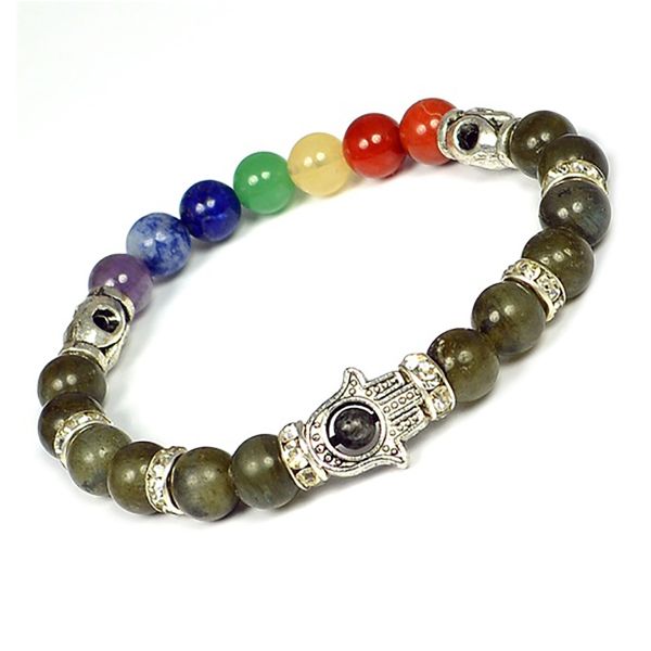Natural Crystal Stone 7 Chakra Hamsa Charm 8 mm Bracelet