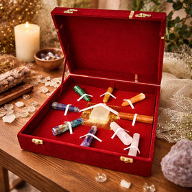 7 Chakra Grid Box for Goal Achievement – Clear Quartz Master Pencil, Chakra Crystal Pencils & Quartz Pyramid with Copper Symbol Plate | Reiki Charged Healing Crystal Set