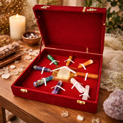7 Chakra Grid Box for Goal Achievement – Clear Quartz Master Pencil, Chakra Crystal Pencils & Quartz Pyramid with Copper Symbol Plate | Reiki Charged Healing Crystal Set