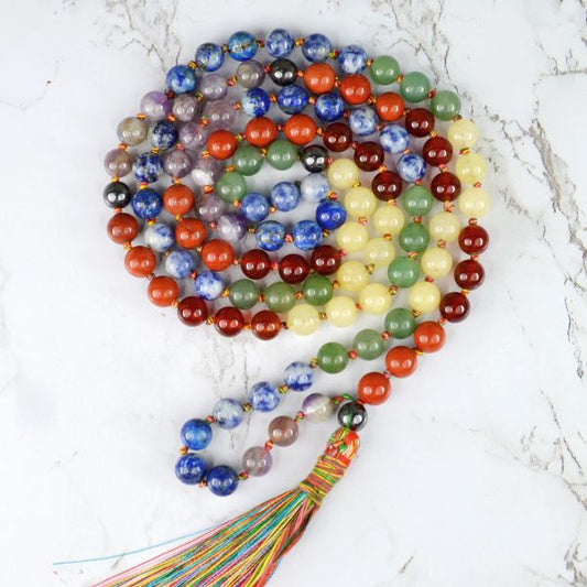 7 Chakra with Hematite 8 mm 108 Round Bead Mala