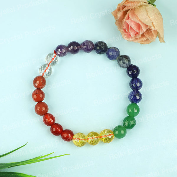 7 Chakra 8 mm Faceted Bead Bracelet for Balance, Positivity, Protection & Spiritual Growth