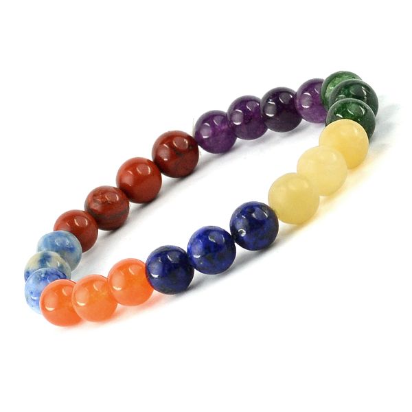 7 Chakra 8mm Round Beads Bracelet – Amethyst, Sodalite, Lapis Lazuli, Green Aventurine, Golden Quartz, Carnelian & Red Jasper for Balance