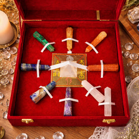 7 Chakra Grid Box for Goal Achievement – Clear Quartz Master Pencil, Chakra Crystal Pencils & Quartz Pyramid with Copper Symbol Plate | Reiki Charged Healing Crystal Set