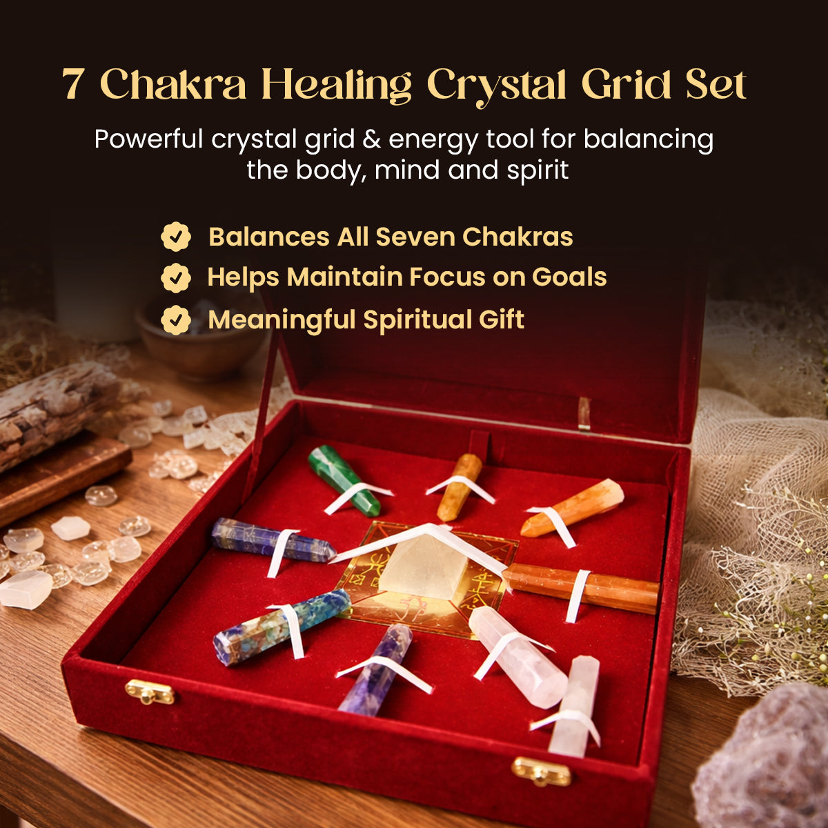7 Chakra Grid Box for Goal Achievement – Clear Quartz Master Pencil, Chakra Crystal Pencils & Quartz Pyramid with Copper Symbol Plate | Reiki Charged Healing Crystal Set