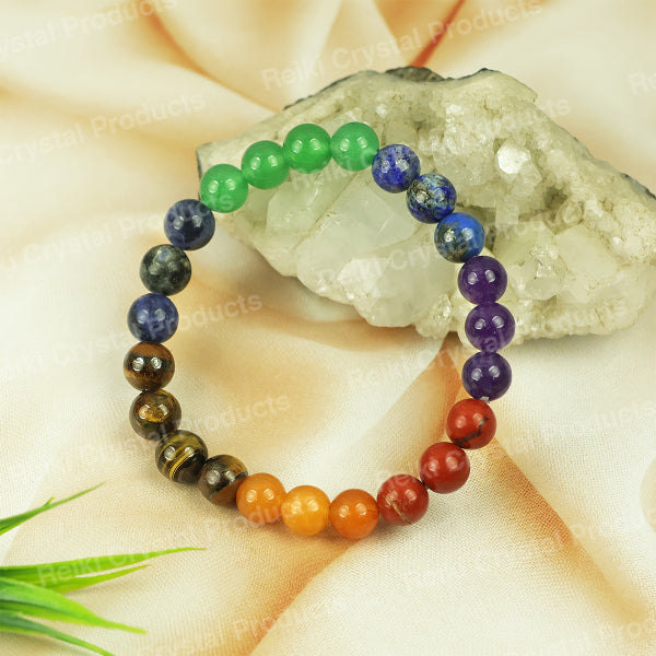 7 Chakra with Tiger Eye 8 mm Round Bead Bracelet
