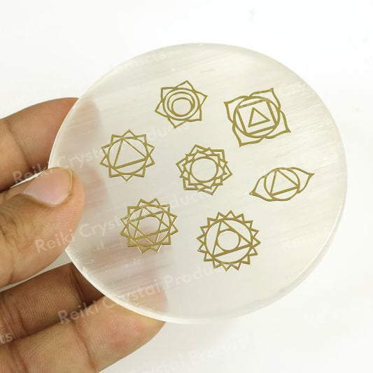 Selenite 7 Chakra Charging Plate for Reiki Crystal Cleansing Size 7.6 cm (3 inch)